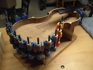 Vuillaume violin repair in progress.